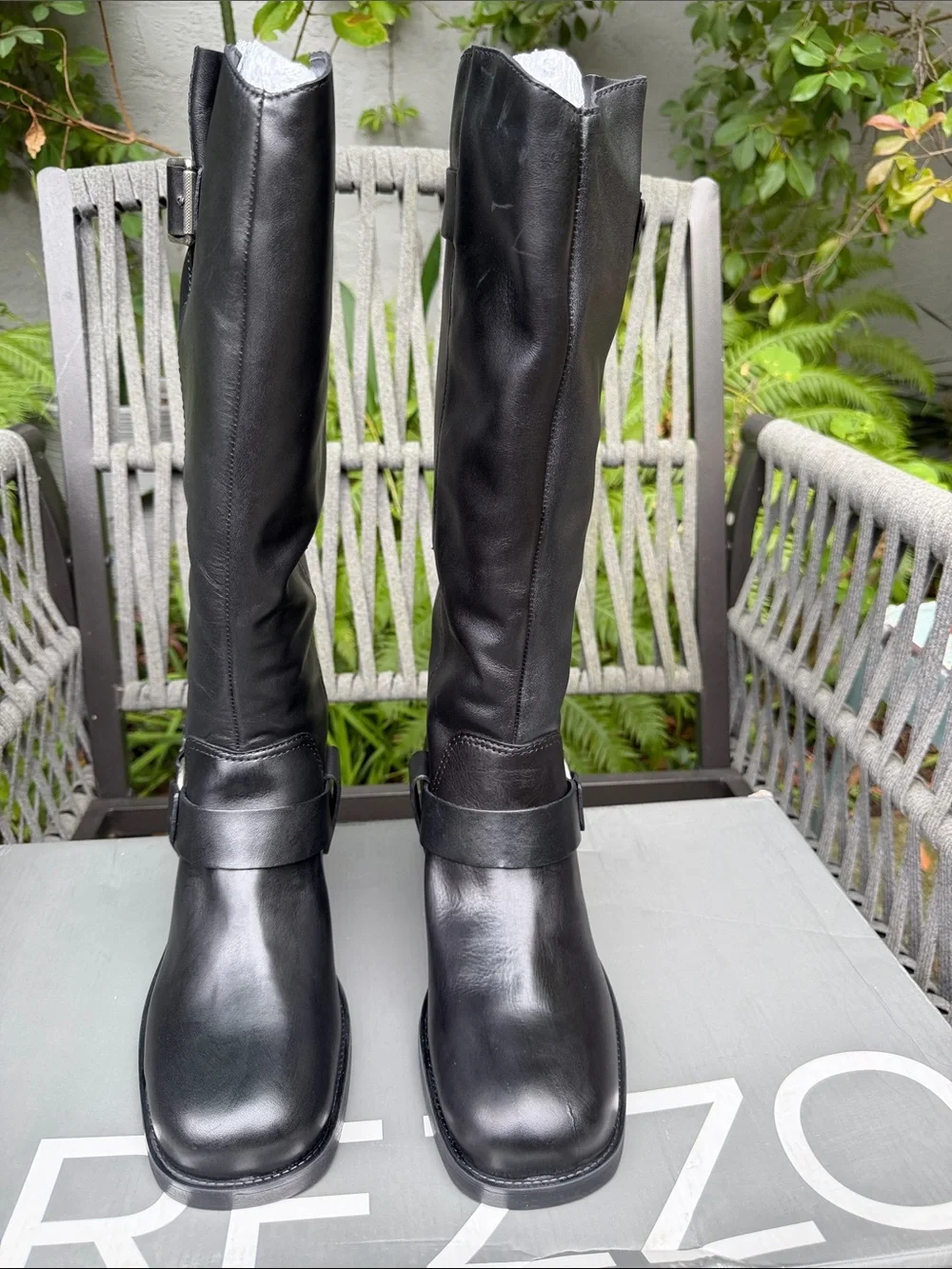 Arezzo Black Leather Knee-High Buckle Riding Boots